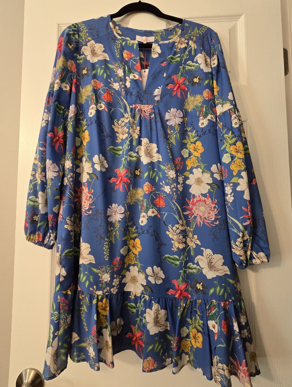 Parker Blue Floral Split Neck Long Sleeve Shift Dress with Multicolor Blooms
